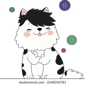 Um charmoso desenho animado ilustração de um gato macio com pontos pretos, rodeado por botões coloridos. O gato tem uma expressão doce, sorridente.
