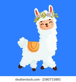 Charming cartoon illustration of a fluffy white alpaca wearing a flower crown and orange blanket, smiling on a blue background. Cartoon Alpaca with Flower Crown and Blanket