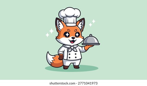 A charming cartoon illustration of a fox dressed as a chef, holding a silver serving cloche, ready to present a meal.