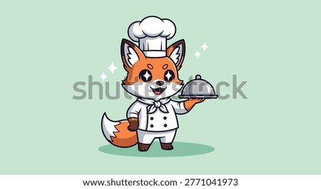 A charming cartoon illustration of a fox dressed as a chef, holding a silver serving cloche, ready to present a meal.