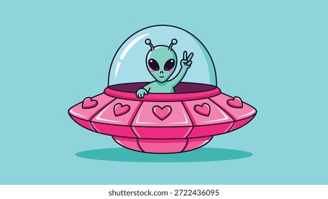 A charming cartoon illustration of a friendly alien waving and making a peace sign from inside a pink UFO spaceship.