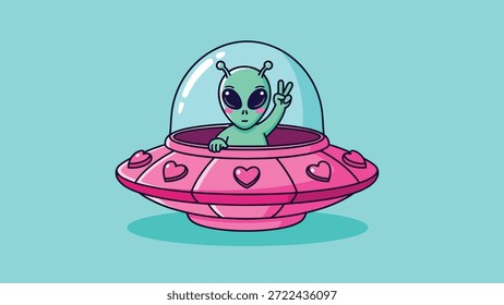 Ilustração encantadora de um alienígena amigável dando um sinal de paz de dentro de um disco voador rosa.