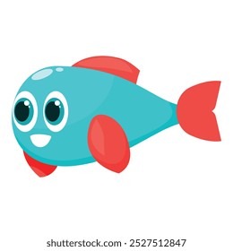 Charming cartoon illustration of a friendly blue fish with big eyes and a cheerful smile, swimming peacefully