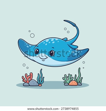 A charming cartoon illustration of a friendly blue stingray with big eyes, swimming gracefully in clear blue water with coral and bubbles.