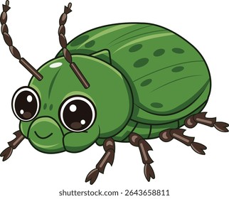 A charming cartoon illustration of a friendly green beetle. 