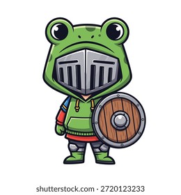 Una encantadora ilustración de dibujos animados de una rana vestida como un caballero, con un casco y sosteniendo un escudo de madera redondo.