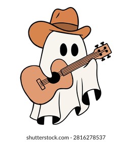 A charming cartoon illustration of a ghost wearing a cowboy hat and playing an acoustic guitar, perfect for Halloween or country music themes.