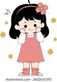 A charming cartoon illustration of a girl with a flower in her hair, wearing a dress and boots, surrounded by floral accents.
