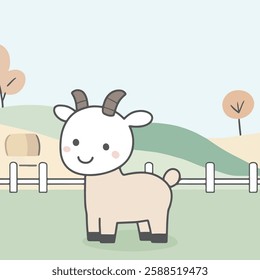 A charming cartoon illustration of a goat standing in a pastoral setting. The goat has a friendly expression, with two small horns and a round body.