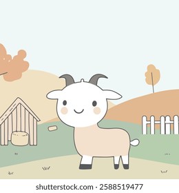 A charming cartoon illustration of a goat standing in a serene countryside landscape. The goat has a friendly expression, with distinctive horns and a soft beige body. 