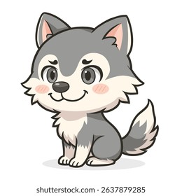 Charming Cartoon Illustration Of A Gray And White Wolf Cub Sitting Down With A Cheerful Expression