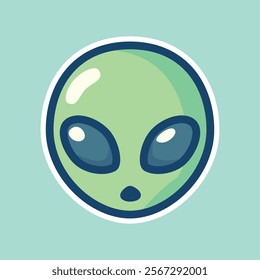 A charming cartoon illustration of a green alien head with large black eyes, set against a teal background. Perfect for sci-fi themed designs and space-related graphics.