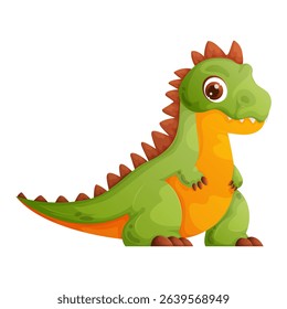 A charming cartoon illustration of a green and orange dinosaur with spikes, perfect for kids books, games, and educational materials. Its a friendly, adorable dino.