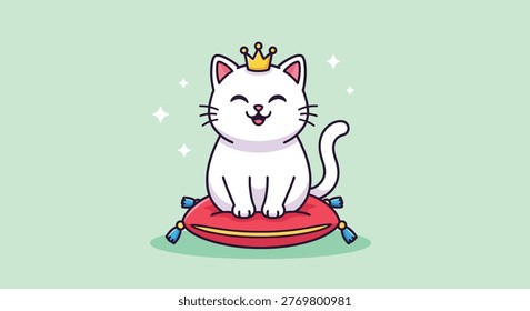 A charming cartoon illustration of a happy white cat adorned with a golden crown, resting on a plush red cushion.