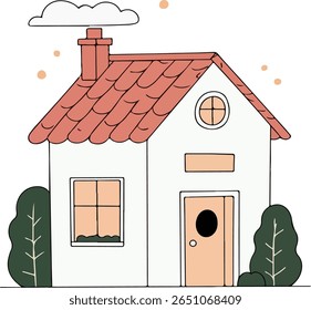 A charming cartoon illustration of a house with a red roof, round window, and simple landscaping against a white background.
