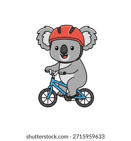 A charming cartoon illustration of a koala bear wearing a red helmet and happily riding a blue bicycle, isolated on a white background.