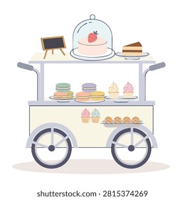 A charming cartoon illustration of a mobile bakery cart filled with cakes, macarons, cupcakes, and pastries for sale