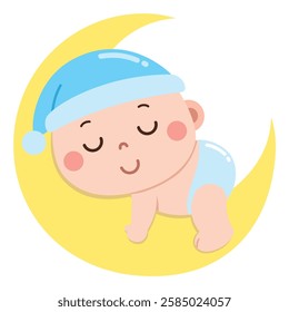 A charming cartoon illustration of a peaceful baby sleeping on a yellow crescent moon, wearing a soft blue nightcap and a diaper.