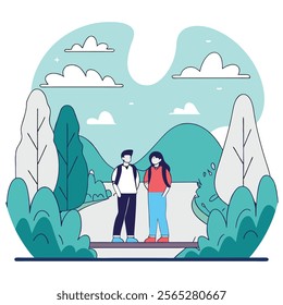 Charming cartoon illustration perfect for travel blogs, websites, or brochures. Depicts a happy couple hiking in a scenic forest viewpoint. Ideal for promoting outdoor activities,