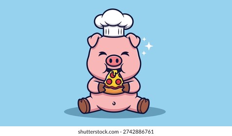 A charming cartoon illustration of a pig chef happily enjoying a slice of pizza, perfect for food and animal-themed designs.