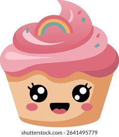 A charming cartoon illustration of a pink cupcake topped with frosting and a rainbow, featuring an adorable happy face. Perfect for bakery themes, celebrations, or sweet treats.