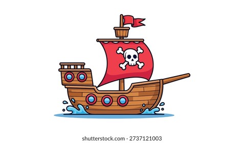 A charming cartoon illustration of a pirate ship sailing on the waves, featuring a red sail with a skull and crossbones emblem.
