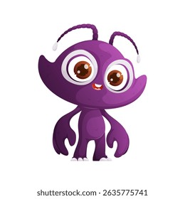 A charming cartoon illustration of a purple alien character with large, expressive eyes, antennae with white tips, and small white feet. It has a friendly and inviting appearance.