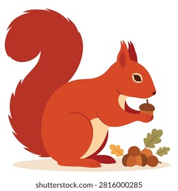 A charming cartoon illustration of a red squirrel sitting and holding a brown acorn with a pile of nuts and leaves at its feet