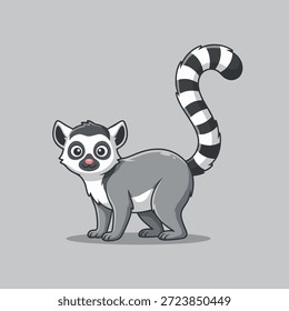 Una encantadora ilustración de dibujos animados de un lémur de cola anillada con su distintiva cola a rayas, de pie sobre un fondo liso.