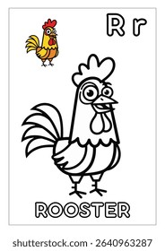 A charming cartoon illustration of a rooster, presented both in vibrant color at the top and as a bold black-and-white outline for coloring.