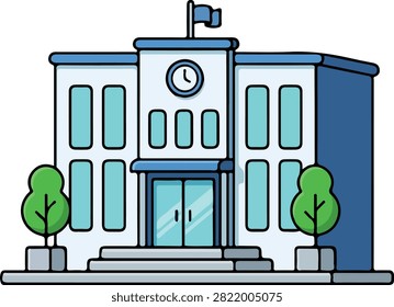 A charming cartoon illustration of a school building, featuring a clock tower, flag, multiple windows, and a welcoming entrance, flanked by two small green trees.