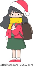 A charming cartoon illustration of a schoolgirl wearing a Santa hat, yellow scarf, red coat, and carrying a backpack, evoking a festive holiday spirit