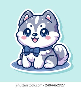 Encantadora ilustración de caricatura de un perro Husky sentado. Caricatura de perro Husky Adorable al estilo vector. Perfecto para íconos, pegatinas o el placer de cualquier amante del perro