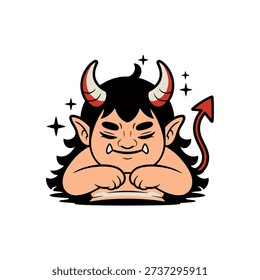 A charming cartoon illustration of a small devil creature resting its head on its arms.