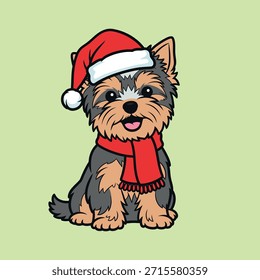 A charming cartoon illustration of a small, fluffy Yorkshire Terrier dog dressed in a festive Santa hat and a red scarf, looking happy.