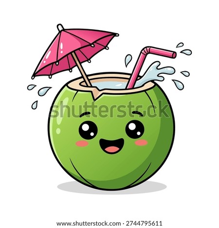 A charming cartoon illustration of a smiling coconut cocktail drink complete with a pink umbrella and straw, perfect for summer themes.