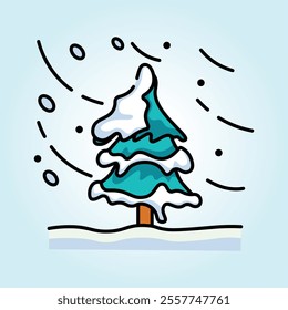 A charming cartoon illustration of a snow-covered evergreen tree in a winter blizzard.  The scene is cute and whimsical.