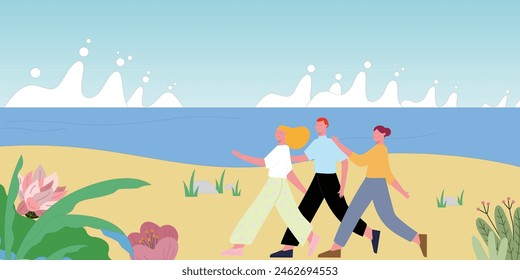 A charming cartoon illustration of three friends walking along a beach.
