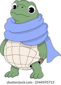 A charming cartoon illustration of a turtle dressed in a cozy winter scarf, symbolizing preparation for the cold season and hibernation