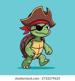 Uma charmosa ilustração de desenho animado de uma tartaruga vestida de pirata, completa com um chapéu e tapa-olho, caminhando com determinação.