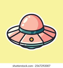 A charming cartoon illustration of a UFO with a dome on top and a beam of light coming down from it, set against a yellow background. Ideal for sci-fi themed designs and creative artwork.