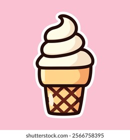 A charming cartoon illustration of a vanilla ice cream cone in a waffle cone, set against a pink background. Perfect for dessert-themed designs and playful illustrations.