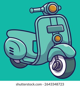 A charming cartoon illustration of a vintage teal scooter, ready for a leisurely ride