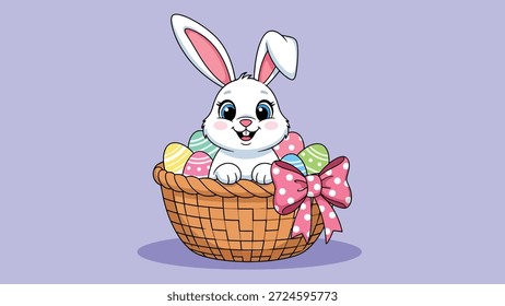 Ilustração encantadora de um coelho branco da Páscoa saindo de uma cesta tecida adornada com um arco rosa, cercada por vibrantes ovos da Páscoa.