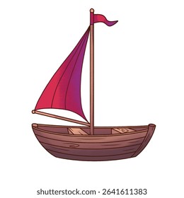 A charming cartoon illustration of a wooden sailboat with a red sail and flag. 
