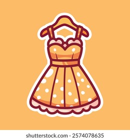 A charming cartoon illustration of a yellow dress with white trim and a bow, set against a white background. Ideal for fashion-themed designs and children's content.