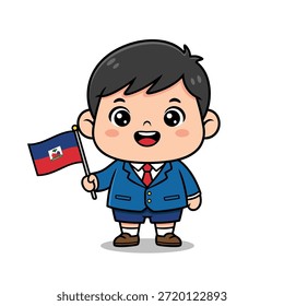 Um charmoso desenho animado de um menino exibindo orgulhosamente a bandeira do Haiti, perfeita para temas do orgulho nacional.