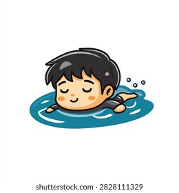 A charming cartoon illustration of a young boy with black hair, eyes closed, happily swimming in a small pool of blue water, creating tiny bubbles around him.