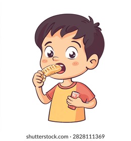A charming cartoon illustration of a young boy with dark hair and big eyes. He is wearing a yellow and orange shirt and is happily eating a piece of bread.