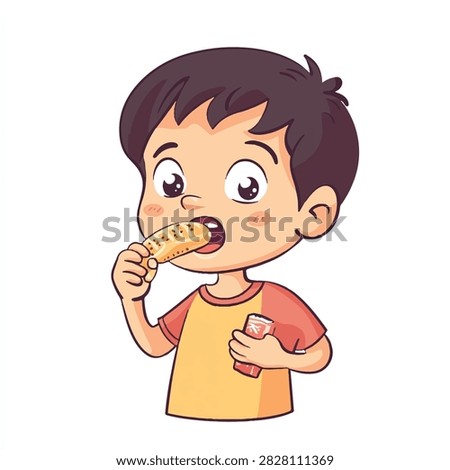 A charming cartoon illustration of a young boy with dark hair and big eyes. He is wearing a yellow and orange shirt and is happily eating a piece of bread.